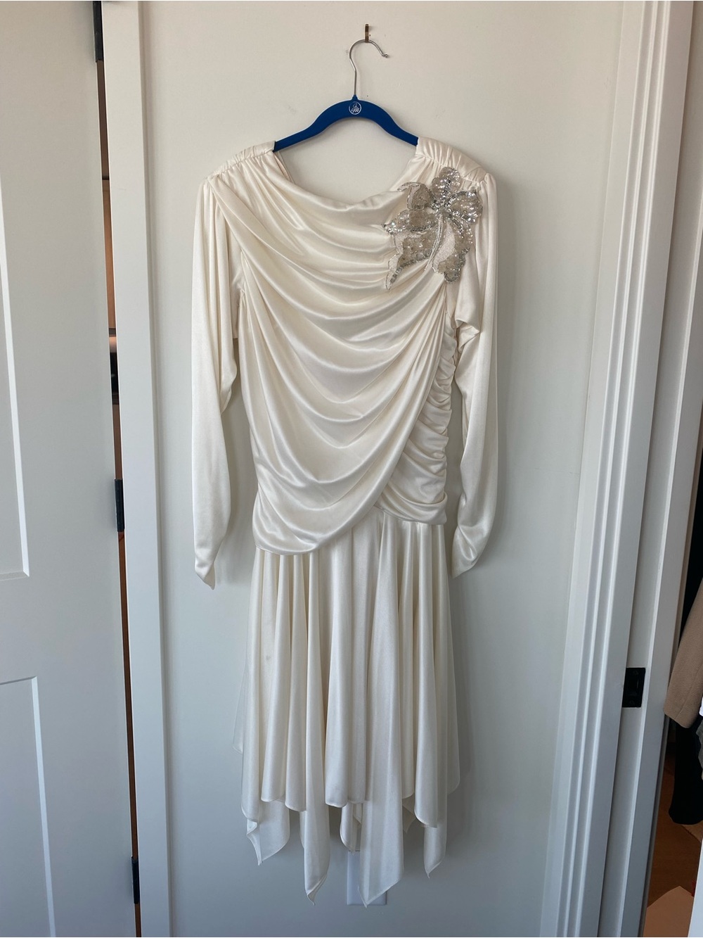 Vintage Ivory Draped Midi Dress with Beaded Shoulder Applique